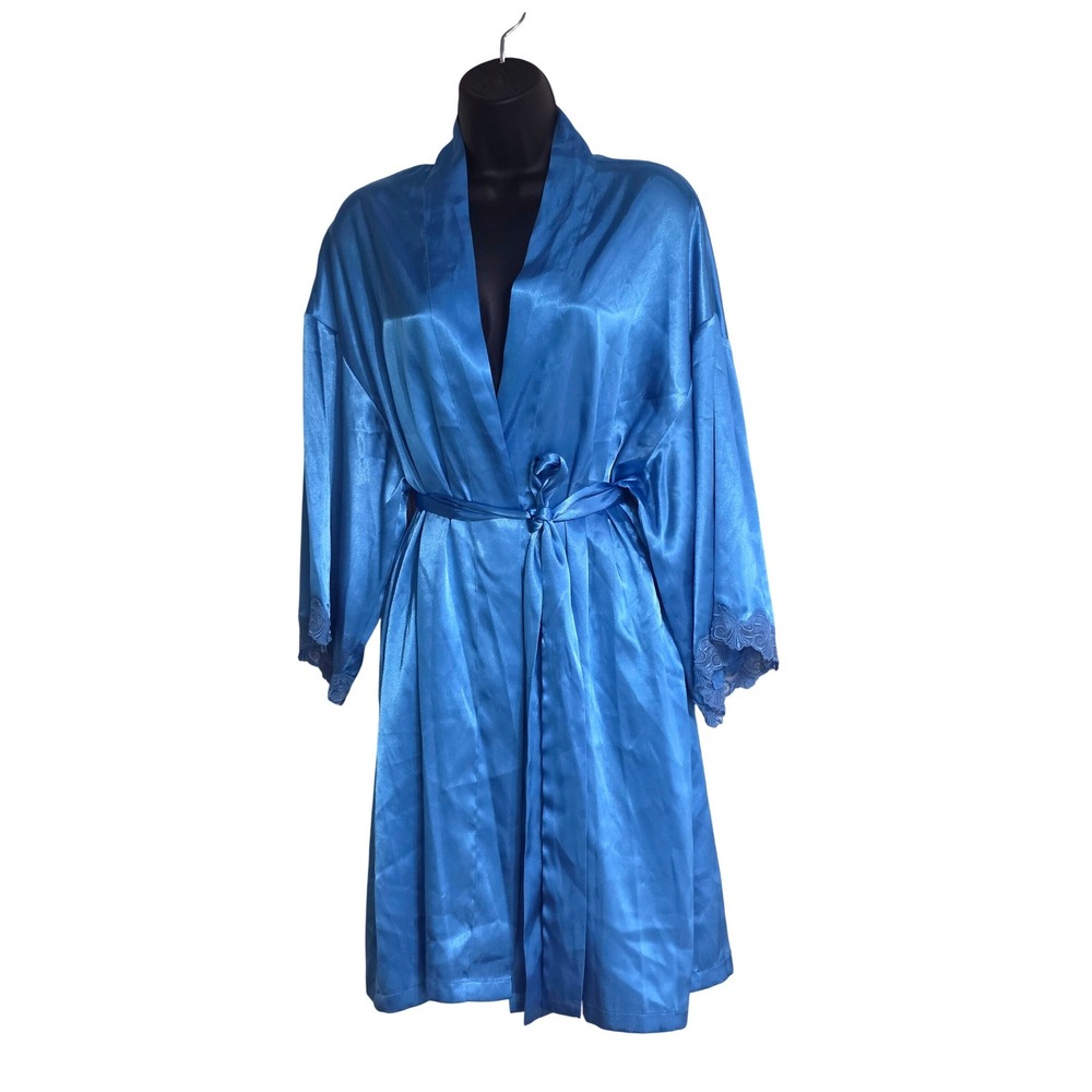 Delicates Vintage Womens Royal Blue Satin Kimono Robe Lace Trim Sz M Loungewear